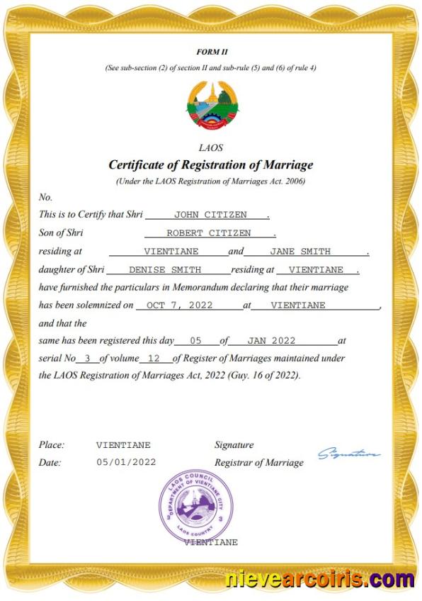 Laos marriage certificate